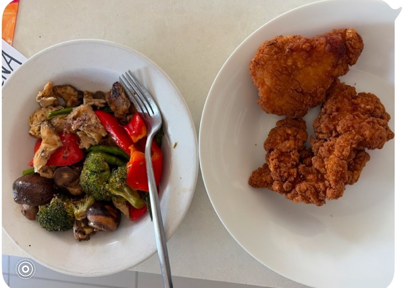 a plate of chicken, veggies and fried tenders texted to hangry